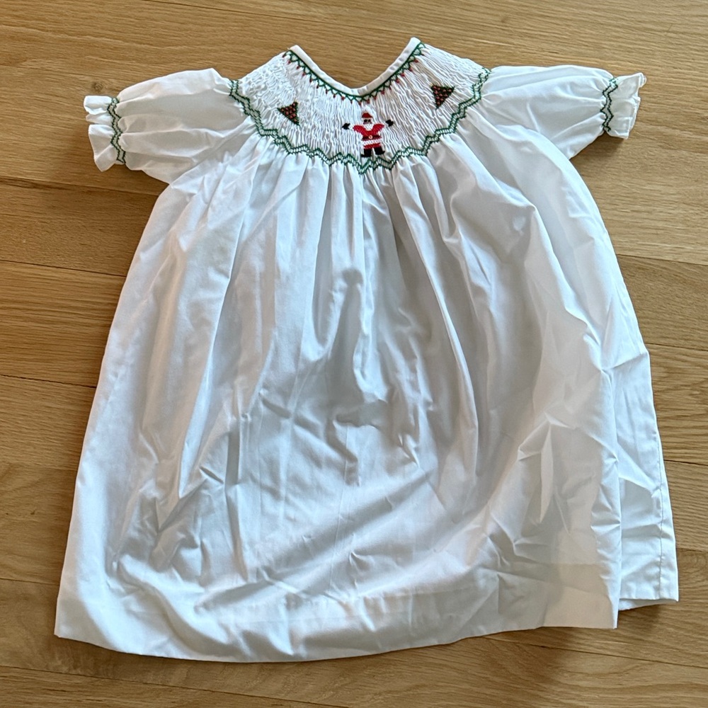 White Smocked Baby Dress with Green Trim